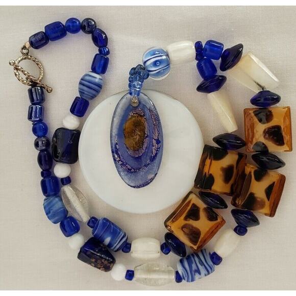 Glass Bead Necklace And Pendant, Blue, White, and Brown, Millefiori, Quartz - Picture 6 of 12